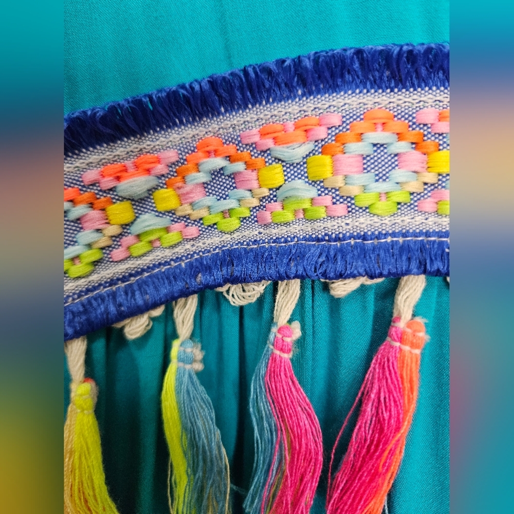 Desheng Sleeveless Summer Kimono Teal with Multicolor Tassels Women's S/M NEW - Picture 8 of 9
